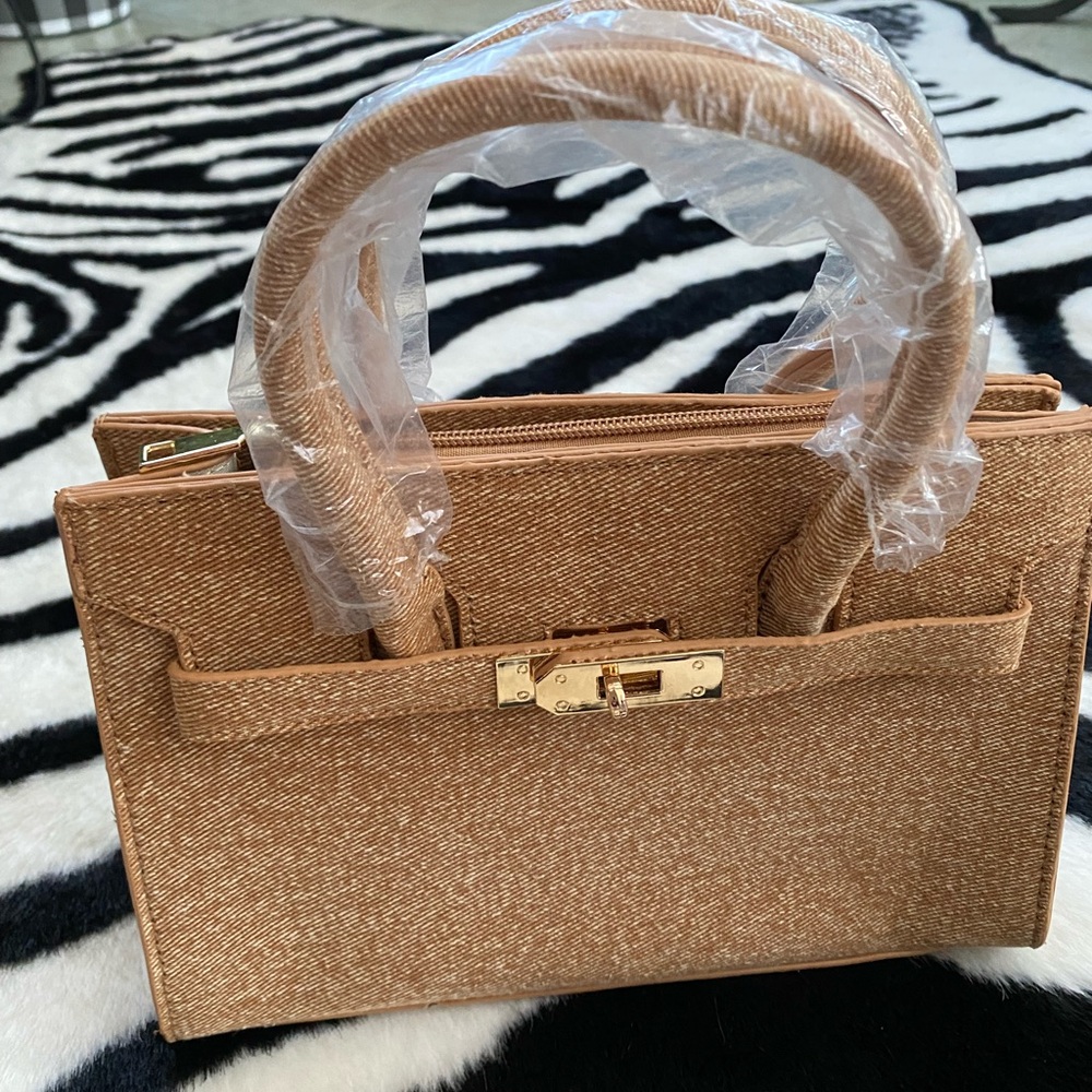 Camel Colored Fabric Satchel with Crossbody Strap